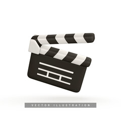 3d realistic Clapperboard. Movie clapper board in plastic cartoon style. Vector illustration - obrazy, fototapety, plakaty