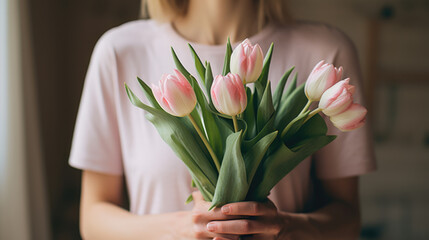 Woman is holding a bouquet of pink and white tulips