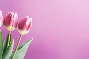 Purple and white tulip spring flowers on side of pastel violet background with copy space