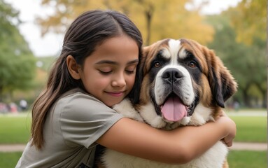 Niña latina abrazando perro San Bernardo  - obrazy, fototapety, plakaty