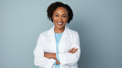 Professional woman with short hair wearing glasses and a white lab coat , smiling confidently with her arms crossed, against a colored background. - obrazy, fototapety, plakaty