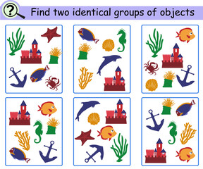 Find the identical groups of objects. Educational logical game for children with sea and aquarium objects. Vector illustration.
