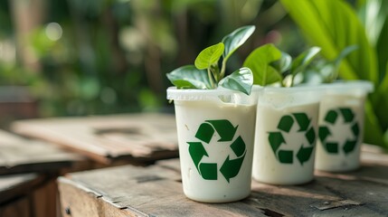 An eco-friendly food or drink packaging featuring a prominent recycling symbol, indicating the material is biodegradable and environmentally conscious.