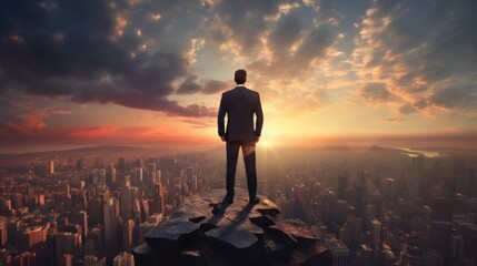 Fototapeta premium Businessman stands thoughtfully on a mountain overlooking a city with dramatic clouds in the sky
