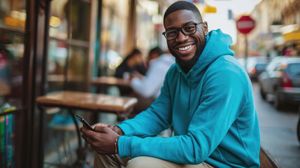 Man with a beard and glasses wearing a blue hoodie, sitting at an outdoor table of a cafe, smiling at the camera while holding a smartphone in his hands. - Powered by Adobe