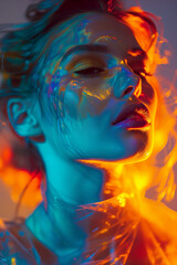 Woman under dark gold and navy blue lights.