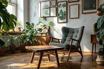 Fototapeta na wymiar Wing chair near rustic wooden coffee table. Interior design of scandinavian living room with frames.