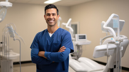 Fototapeta premium Cheerful dentist man wearing a lab coat standing in a dental clinic with a dental chair and equipment in the background.