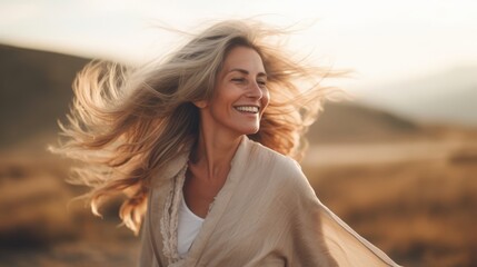 portrait of middle aged happy woman enjoying nature