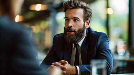 Man in a conversation, gesturing with his hands while speaking to an out-of-focus person across the table, in a well-lit indoor environment suggestive of a professional meeting.