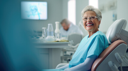 Elderly female patient with white hair, smiles happily while sitting in a dental chair