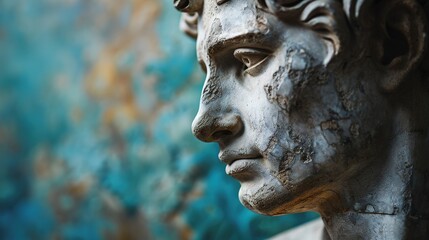 Fototapeta na wymiar Abstract beautiful muscular stoic person, stone statue sculpture with ancient greek, roman david vibes. Neoclassical impression with beautiful emotion portraying stoicism and philosophy.