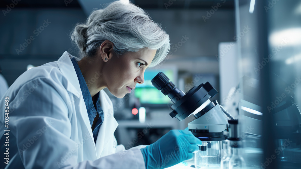 Aufkleber focused scientist using a pipette in a laboratory setting with a microscope and test tubes visible, 