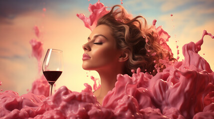 woman with glass of wine, woman with wine glass, calm woman taking a bath Splashing crimson wine glass over a soft pastel background