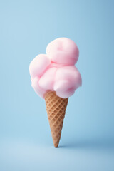 Ice cream waffle cone with a balls of pastel pink cotton wool on top, creative concept.