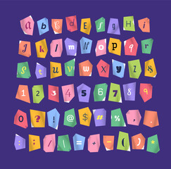 Vector cutout alphabet anonymous ransom note font set. Cutout letters, numbers, ampersand symbols, punctuation marks. Clipping alphabet. Torn letters in different fonts and colors