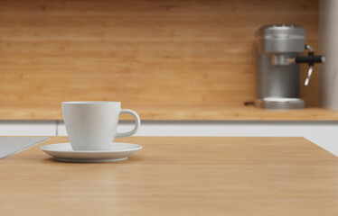 White Ceramic 3D Rendered Coffee Cup On Small Plate In Kitchen
