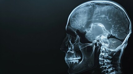 X-ray image of a human skull, highlighting the intricate bone structure. - obrazy, fototapety, plakaty