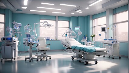 a hospital room with medical equipment and lights - obrazy, fototapety, plakaty