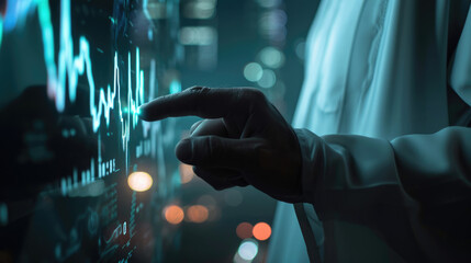 Hand with a digital holographic projection of financial stock market data, with glowing graphs, lines, and numbers against a bokeh light background.