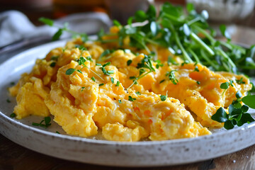tasty scrambled eggs with herbs for breakfast on a plate, close up