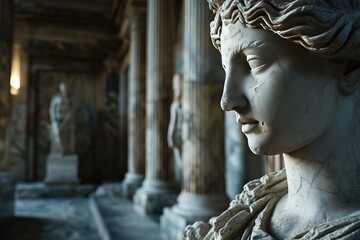 Abstract beautiful muscular stoic person, stone statue sculpture with ancient greek, roman david vibes. Neoclassical impression with beautiful emotion portraying stoicism and philosophy. - obrazy, fototapety, plakaty