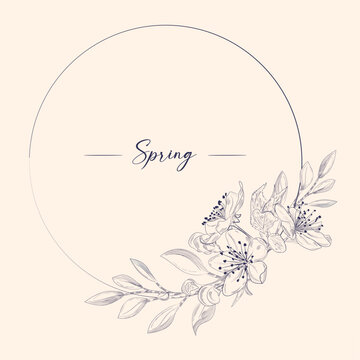 Fototapeta Hand drawn floral circle frame for inscriptions. Sakura, apple tree or cherry branch. Spring or summer background. Stock vector illustration