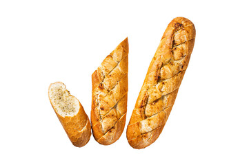 Garlic butter bread, baked baguette with herbs.  Transparent background. Isolated.