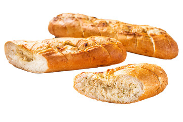 Garlic butter bread, baked baguette with herbs.  Transparent background. Isolated.