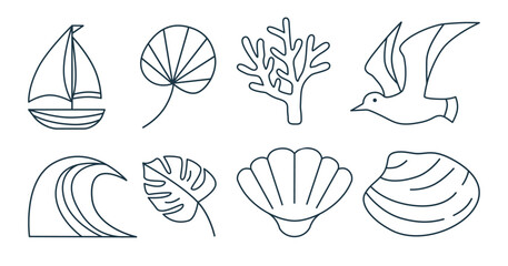 Outline objects for vacation trip, summer holiday near ocean and nature isolated on white background. 