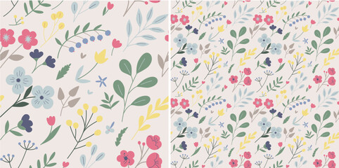 Soft coloured botanical pattern with wild flowers. Seamless repeating floral illustration with plants and herbs . Summer blooming plants, endless background for textile, fabric, wrapping and wallpaper
