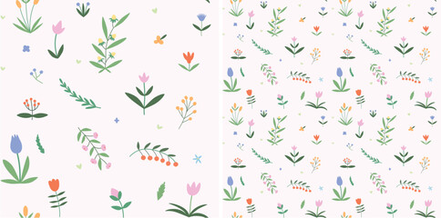 Bright coloured botanical pattern with wild flowers. Seamless repeating floral illustration with plants and herbs . Blooming plants, endless background for textile, fabric, wrapping and wallpaper