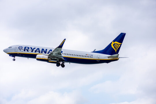 Corfu, Greece - September 28, 2023:Ryanair Boeing 737-8AS [EI-ENM] departs from Corfu International Airport, Greece. Ryanair is one of largest operators of Boeing 737 with fleet of 354 aircraft.
