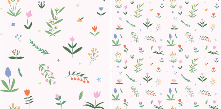 Bright coloured botanical pattern with wild flowers. Seamless repeating floral illustration with plants and herbs . Blooming plants, endless background for textile, fabric, wrapping and wallpaper