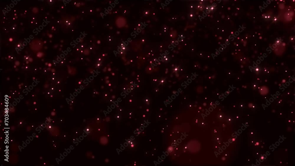 Poster animation of abstract flickering particles in motion on a black background. red shining particles fo