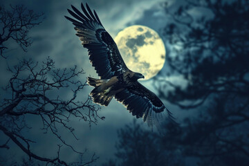 A golden eagle is captured in mid-flight against the backdrop of a moonlit night