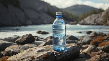 a bottle of water sitting on top of a rock