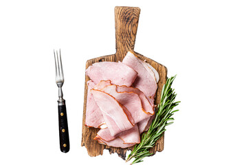 Pork ham slices on cutting board, Italian Prosciutto cotto.  Transparent background. Isolated.