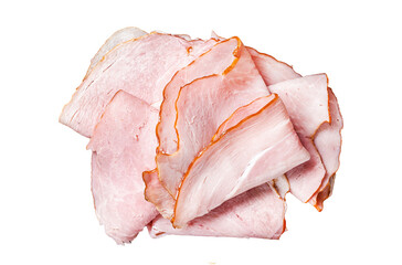 Pork ham slices on cutting board, Italian Prosciutto cotto.  Transparent background. Isolated.