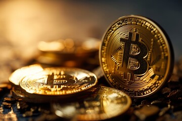 bitcoin cryptocurrency digital money golden coin - obrazy, fototapety, plakaty