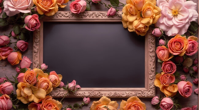 Picture frame chalkboard with rustic flowers. Panoramic banner for Valentine's day, mother's day, women's day, wedding invitation. Top down with copy space. Generative AI.