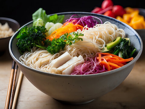A bowl of somen with an assortment of colorful vegetables.