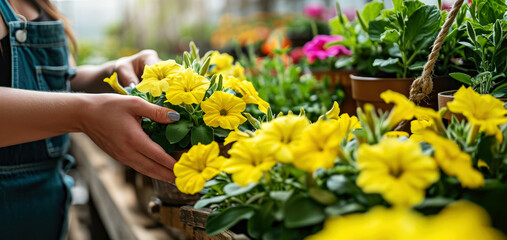 closeup of a woman's hands choosing potted yellow petunia flower seedlings to buy at garden centre. banner with copy space - obrazy, fototapety, plakaty