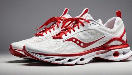 a pair of white and red running shoes