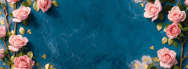 Blue background with roses flowers frame and gold hearts, beautiful banner, header with copy space, empty. Valentines, mother's day, women's day, wedding invitation, spring, elegant. Generative AI.