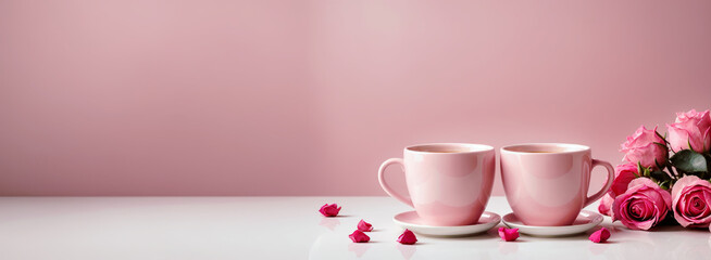 Two pink coffee cups with roses and hearts on pastel pink minimalistic background. Beautiful banner, header with copy space, empty. Valentines, mother's day, women's day. Generative AI.