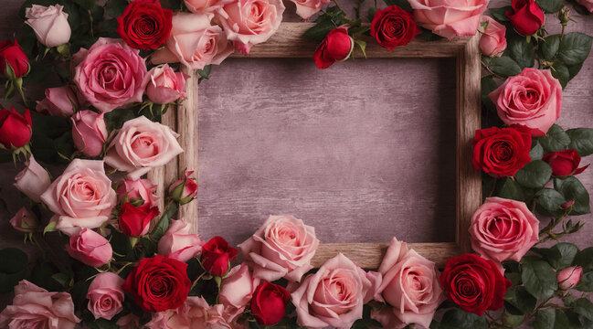 Picture frame wooden board with red and pink roses, flowers. Panoramic banner for Valentine's day, mother's day, women's day, wedding invitation. Top down with copy space. Generative AI.