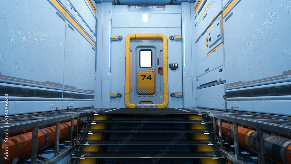 Poster doorway at top of staircase in a futuristic industrial building. 3d rendering.