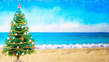 painting of a christmas tree on the beach and blue sea postcard