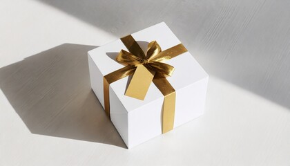 square white box mockup with golden wrapping paper and sticker on white table with shadows 3d rendering